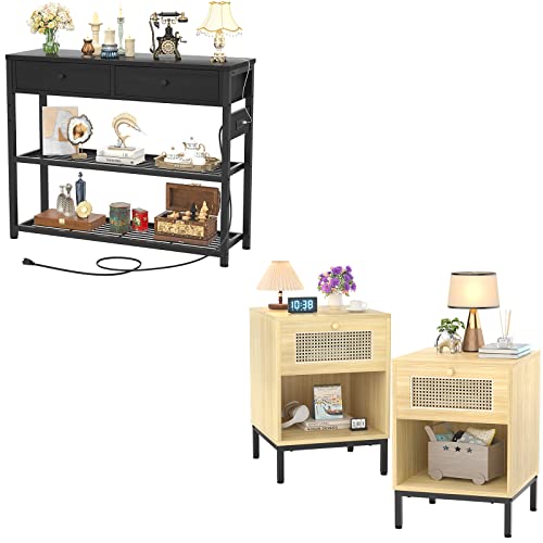 Ecoprsio 32'' Black Entryway Table With Outlets And Usb Ports, Console Table With 2 Drawers, Natural Nightstands Set Of 2, Rattan Nightstand Bedside Tables, Mid-Century Modern Nightstand With Drawer #TOP8