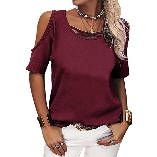 Blusa feminina casual de verão, cor lisa, gola redonda, manga curta, frente cruzada, 1 vinho, G