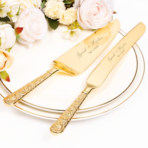 TUKDAK Wedding Cake Knife and Server Set, Personalized Gold Cake