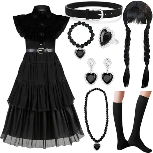 NCKIHRKK 8pzs. Kit de Disfraz Halloween para Niña, Halloween Disfraz Vestido con Peluca y Accesorios de Joyería, Vestido Costume Niña 4-5 Años para Cumpleaños halloween Carnaval Fiesta Cosplay, 110