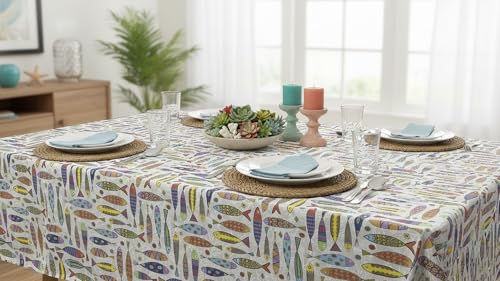 Vilber, Mantel de Tela confeccionado, Rectangular, Resinado, con Tratamiento Antimanchas, Impermeable, Estampado SARDINAS. SANTOÑA-R10, Multicolor, 100 x 136 cm