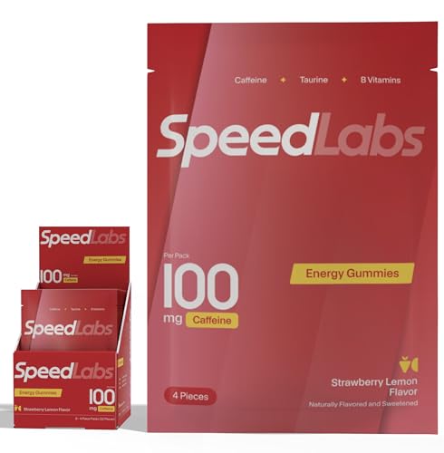 Image of Speed Labs Caffeine Energy Gummies Strawberry Lemon Natural, 25mg Caffeine, Taurine, B-Vitamins per Piece, Vegan, Gluten Free, 1g Added Sugar (8 Packs, Strawberry Lemon)