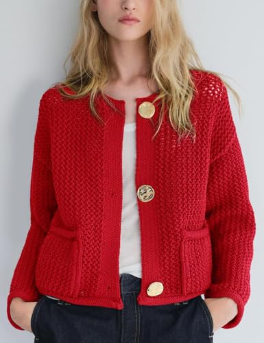 Image of Wyeysyt Womens Cropped Cardigan Sweaters Chunky Knit Gold Button Down Open Front Cardigan Long Sleeve Crop Crochet Sweaters