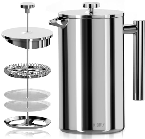 KICHLY 34 OZ French Press, Stainless Steel Double Walled Insulated Coffee Press with Refined...