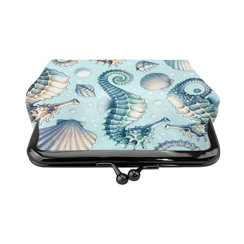 Pu Leather Buckle Coin Purse Watercolor-Seahorse-Seashells Girls Kiss-Lock Change Purse Wallets2