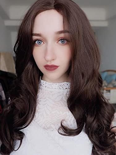 Xiweiya 6# Brown Long Wavy Lace Front Wig Body Wave Brown Synthetic Lace Front Wigs Soft Lace Wig Heat Resistant Fiber High Density For Women 24inch