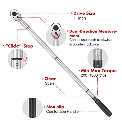Rimkolo 1-Inch Drive Click Torque Wrench, Dual-Scale Adjustable Torque Wrench Set With A Hex Key 200-1000Ft.lb / 271-1356.7Nm #TOP1