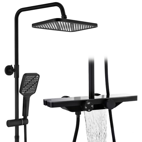 HOMELODY Système de douche avec thermostat et étagère en verre noir – Robinet de douche complet avec douchette de 30 cm, douchette à main, 3 types de jet...