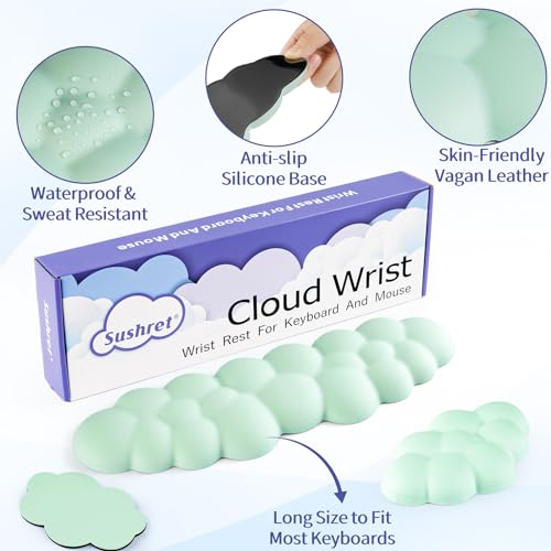 Image of Sushret Cloud Wrist Rest Keyboard, Cloud Keyboard Wrist Pad Set with PU Leather Memory Foam, Cute Arm Rest for Palm Support, PC /Gaming Desk Accessories /Office Setup /Computer Hand Cushion - Light Green