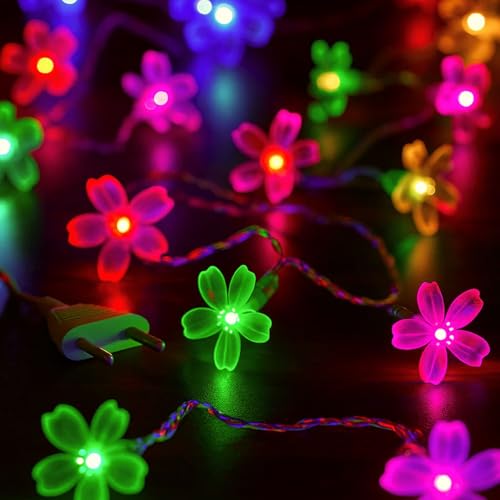 Image of MPROW Multi-Color Flower LED String Lights - 20 Led Decorative Cherry Blossom Fairy Lights with Plug for Diwali, Christmas, Wedding, Home Decor - Vibrant Floral Night Lights for Bedroom, Balcony