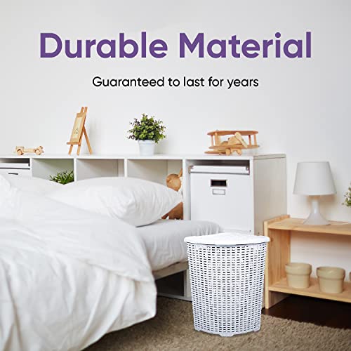 Plastic Corner Laundry Hamper With Lid, Curved Designed Laundry Basket, 2 Pack Triangle White Cloths Hamper Organizer With Cut-Out Handles For Laundry Room Bedroom Bathroom, Wicker Design, 50 Liter #TOP7