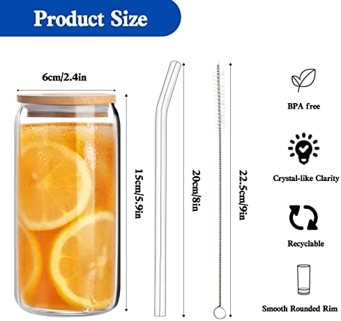 Aikio Drinking Glasses with Bamboo Lids and Glass Straws, 4 Set 16oz Iced Coffee Cup, Can Shaped Glass Cups, Beer Glasses, Pint Glasses, Ideal for Water, Cocktail, Whiskey, Soda, Gift