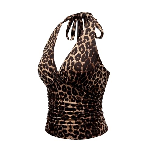 Nhgkju Damen Trägertop mit Leopardmuster Festival Outfit Oberteil Y2K Top Neckholder Partytop sexy Oberteil Damen (DE/NL/SE/PL Alphanumerisch L Regular Regular Leopardmuster)