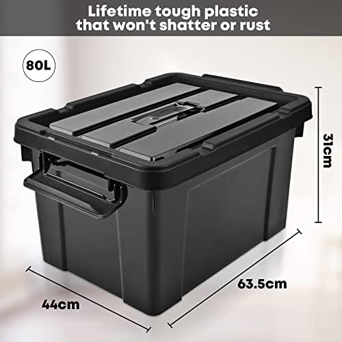HOHAOO Storage Boxes,Set of 3 80L Heavy Duty Stackable Storage Boxes Nestable Black Plastic with Lids and Box Clip Locked for Shelves and Garage