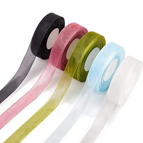 Ganata 5 rollos de cinta de organza transparente de 1 pulgada cinta de gasa decorativa de organza para envolver ramos de flores para manualidades Cover