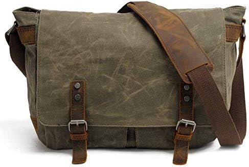 Mens Flap-Over Shoulder Messenger Bag Large Capacity Vintage Canvas Laptop Bag Strong Durable with Adjustable Shoulder Strap-Green