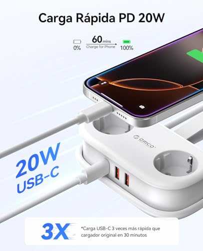 Miniatura 3 de Regleta Orico Con Usb C Pd 20w, 2 Tomas De Corriente De Viaje Y 3 Puertos De Carga Usb 1 Usb C Compatible Con Teléfono, Con Cable De 1,5m Para Home Office En El Barco Ap3-Negro