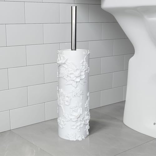 Image of White Floral Branches Design Resin Toilet Bowl Brush and Holder Set, Elegant Bathroom Cleaning Tool with Durable Bristles, Compact and Functional