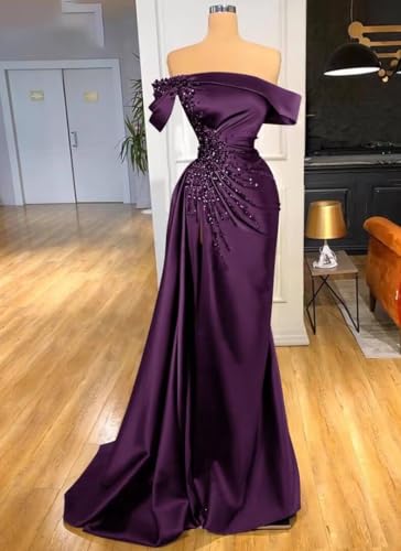 Women Mermaid Beads Prom Dress with Slit Satin Bridesmaid Dresses Long Off The Shoulder Evening Formal Party Gowns3
