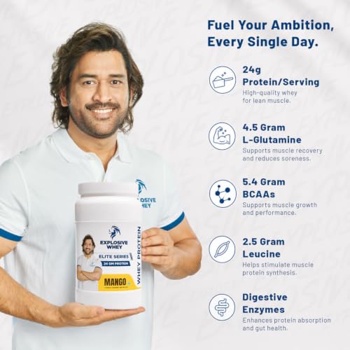 Image of Explosive Whey Elite Series Whey Protein - Trusted by M.S. Dhoni | 24g Protein per Scoop | Premium Concentrate Sport Supplement for Enhanced Muscle Growth and Recovery | Mango - 1kg (30 Servings)