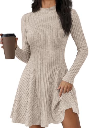 Saodimallsu Damen Strickkleid Halbhals Geripptes Pulloverkleid | A-Linie Herbstkleid,Strickpullover Kleid,Winterkleid,Elegant