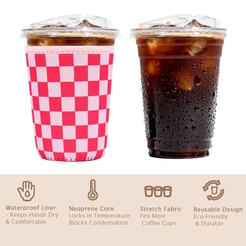 Image of Reusable Insulated Sleeve for Iced Coffee Cup, Coffee Neoprene Sleeve for Cold & Hot Drinks, Beverage Holder for Iced Coffee (Pink Grid, Small: 16-18oz)