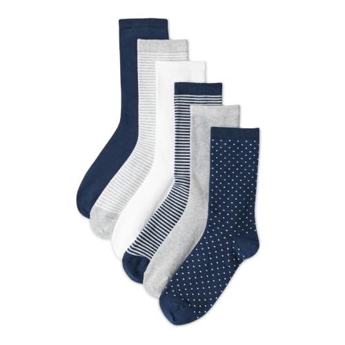 Amazon Essentials Women's Cotton Crew Socks, 6 Pairs, Navy Assorted, 6-9