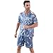 ShuiGod Men's Silky Satin Pajama Set Short Sleeve Classic Sleepwear Button Down Loungewear with knickers（blue feather-Xl）