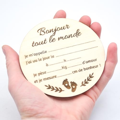 Carte Bienvenue Bébé Rond en Bois, Informations Naissance Français, Motif, Taille, Vernis au Choix Personnalisable, Panneau Séance Photo Naissance, Pancarte Annonce Nouveau-né, Souvenir – vue 5