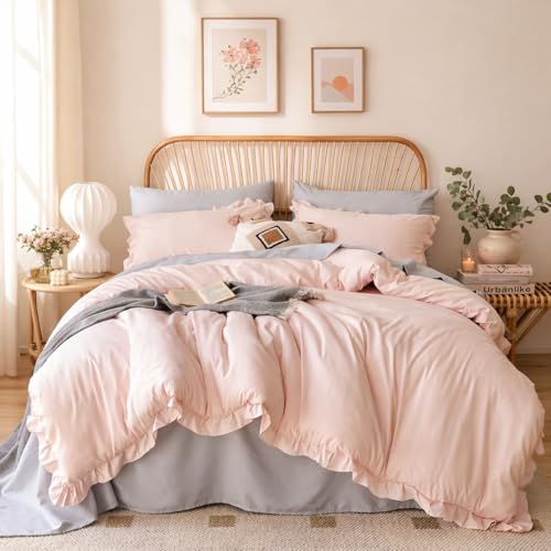 JANZAA Blush Pink Comforter Set Queen – Soft Microfiber, Lightweight All Season Bedding, Ruffle Shabby Chic Aesthetic, Breathable Cozy Bed Set (90'×90') with 2 Pillow Shams(20'*26'), Machine Washable