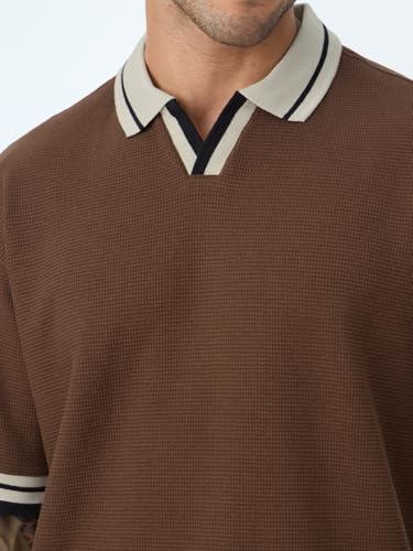 Image of The Souled Store Oversized Polo: Russet Men and Boys Short Sleeve Spread Collar Textured Cotton Blend Everyday Oversized Polos