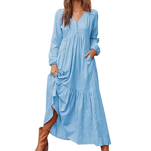 Vestidos de verano de talla grande, vestido casual de manga larga para mujer, azul claro, XL