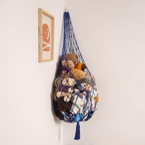 Image of Amdermi Stuffed Animal Storage Toy Hammock Corner Hanging Net for Stuff Animal Storage Macrame Toy Display Plushie Toy Holder-Wall Hanging Net for Kid Bedroom Decor Playroom Organizer (Blue)