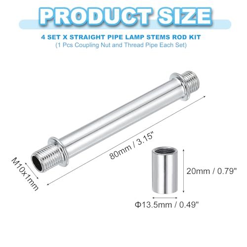 Image of PATIKIL Straight Pipe Lamp Stems Rod Kit, 4Set M10 Carbon Steel 80mm(3.15 inch) Long Double End Thread Rod with Coupling Nuts Sleeve Connector for Table Lamps Chandeliers, Silver Tone