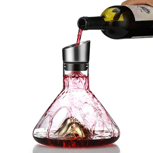 Iceberg Wine Decanter,Red Wine Carafe with Built-in-Aerator,Wine Aerator,Wine Gifts for Christmas,Stainless Steel Pourer Lid,Filter,100% Hand Blown Lead-Free Crystal Glass