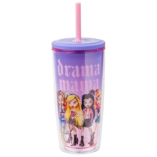 Silver Buffalo Bratz Drama Mama Featuring Cloe, Yasmin, Jade, and Sasha Plastic Tumbler Cold Cup with Lid and Straw, 20 Ounces