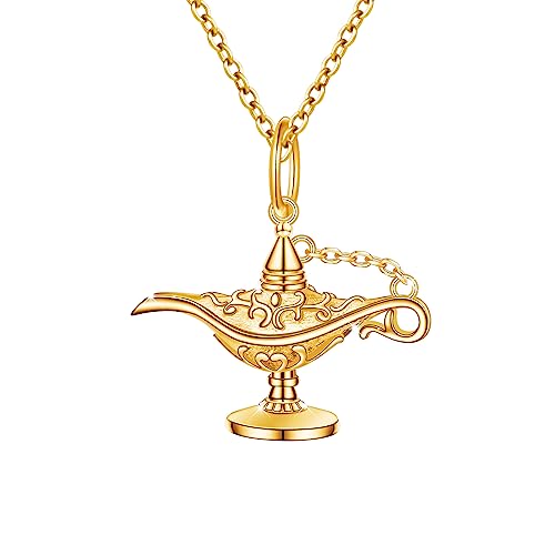 S925 Sterling Silver Aladding Magic Genie Lamp Legend Wishing Carved Lamp Pendant Necklace Jewelry Good Luck Gift for Women