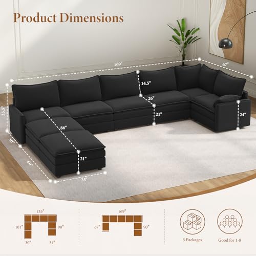 Image of Vesgantti Large Modular Sectional Sofa, Big Comfy Cloud Couch with Ottoman Deep Seat Chenille Cloud Sofa, 8 Seater Large Sectional Couches for Living Room, Bedroom and Apartment, Black