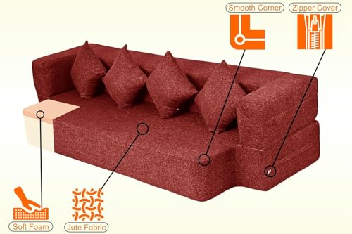 Image of C-Type Sofa Cum Bed 3-Seater Convertible Jute Fabric Sofa with Cushions, Modern Space-Saving Design for Living Room & Guest Room - Red Color