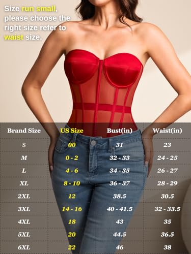 Image of Kaei&Shi Sheer Mesh Overbust Corset,Sexy Strapless Lace Up Satin Bra Corsets Top For Women Shapewear