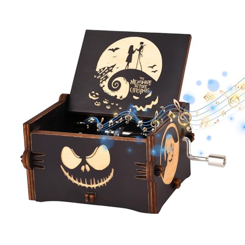 Music Box The Nightmare Before Christmas, Hand Crank Engraved Vintage Wooden Musical Box, Unique Gifts for Halloween Birthday Christmas, 6.4cm x 5.2cm x 4.2cm