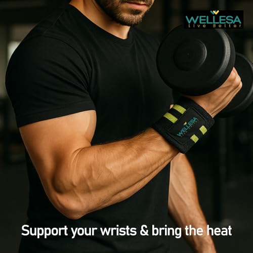 Image of Wellesa Wrist Support for Gym Workout | Wrist Band for Pain Relief & Weight Lifting | Wrist Wrap for Men & Women | Wrist Brace | Gym Accessories | One Size (Green 2 Line)