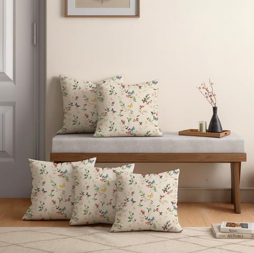 Image of Jaipur Weaves Cushion Cover 16 Inch X 16 Inch - Set of 5, Butterfly Garden 260 GSM Decorative Soft Cushion Covers for Sofa /Bed /Chair, Gift for Home Decor (Cream Garden, 5)