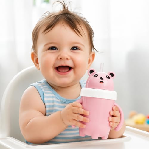 Image of 300ml Baby Sipper for Infant /Toddler, Baby Straw Cup, Soft Silicone Straw Cup, Baby Sipper Bottle for 6 Month+, Anti-Spill with BPA Free, Lid & Easy Grip Handles (Pink)