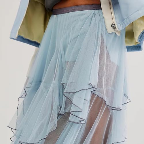 ICNGLKSND Women Mesh Tulle Long Skirt A Line Midi Slip Skirt Asymmetrical Layered Hem Sheer Beach Cover Up Skirt3