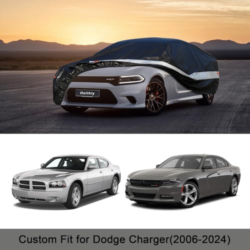 Image of Holhtly Car Cover Custom Fit for Dodge Charger, Car Covers for Automobiles All Weather Waterproof Sun Snow Rain Wind Dust Protection, Outdoor Car Cover Black & Grey