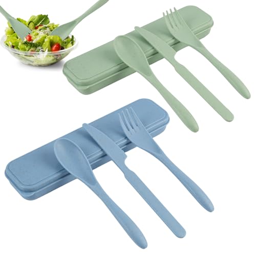 Lot de 2 Sets de Couverts de Voyage en Plastique, Couverts Camping avec Fourchette, Couteau, Cuillère, Boîte de Rangement Portable, Couverts Réutilisables...