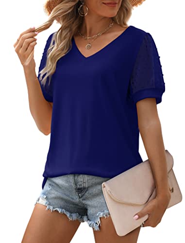 Image of Aokosor Womens Summer Tops V Neck T Shirts Swiss Dot Puff Sleeve Tops Loose Casual Tshirts