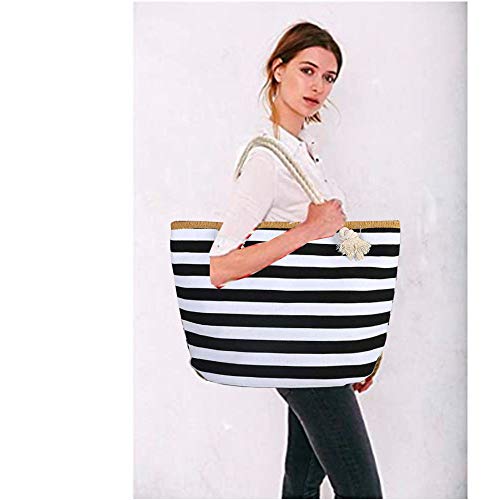 Large Canvas Striped Beach Bag - Top Zipper Closure - Waterproof Lining - Tote Shoulder Bag For Women's Shoulder… - Image 6