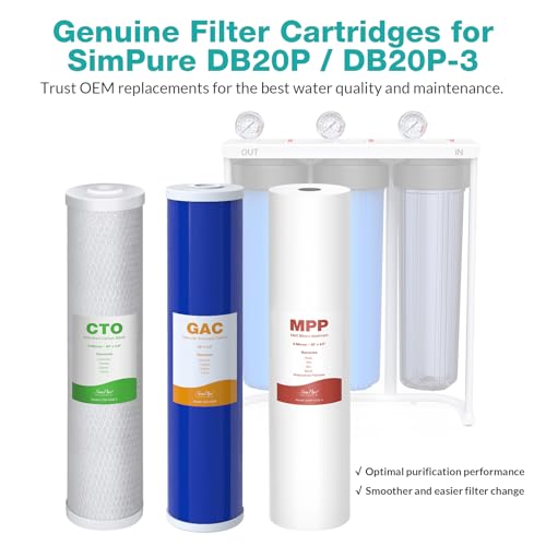SimPure Whole House Water Filter Cartridges 5 Micron 20" x 4.5" PP+GAC+CTO 3-Stage Sediment and Carbon Filter Set, for DB20P-3, DGD-5005-20, GAC-20BB, FC25B, 2 Sets